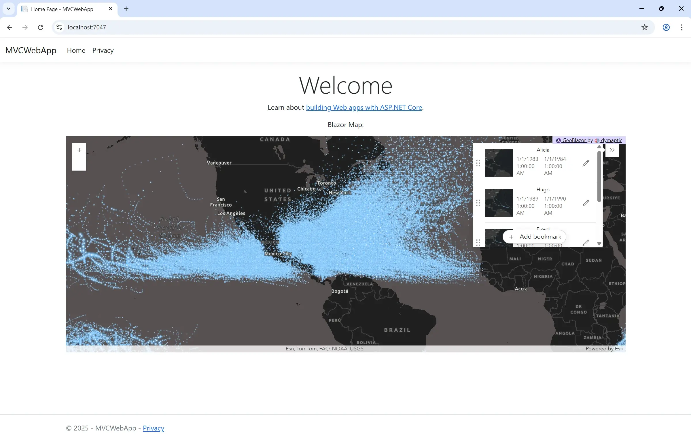 Solution Explorer showing Pages folder with MapPage.razor file in MVC project structure